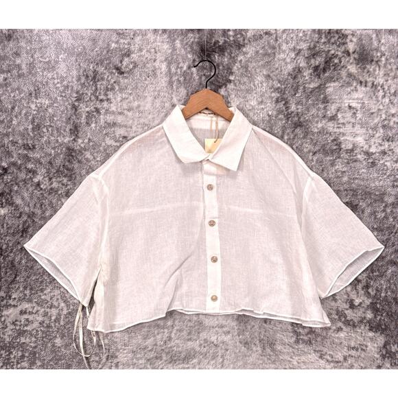 New My Mum Made It Top Medium Womens White Linen Boxy Button Down Crop Shirt - Picture 1 of 8